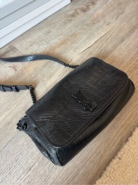 Saint Laurent Black Crinkled Leather Camera Bag with YSL Hardware